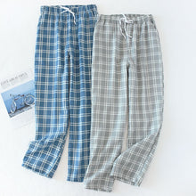 Load image into Gallery viewer, Men's Cotton Gauze Trousers Plaid Knitted Sleep Pants Mens Pajamas Pants Bottoms Sleepwear Pajama Short for Men Pijama Hombre